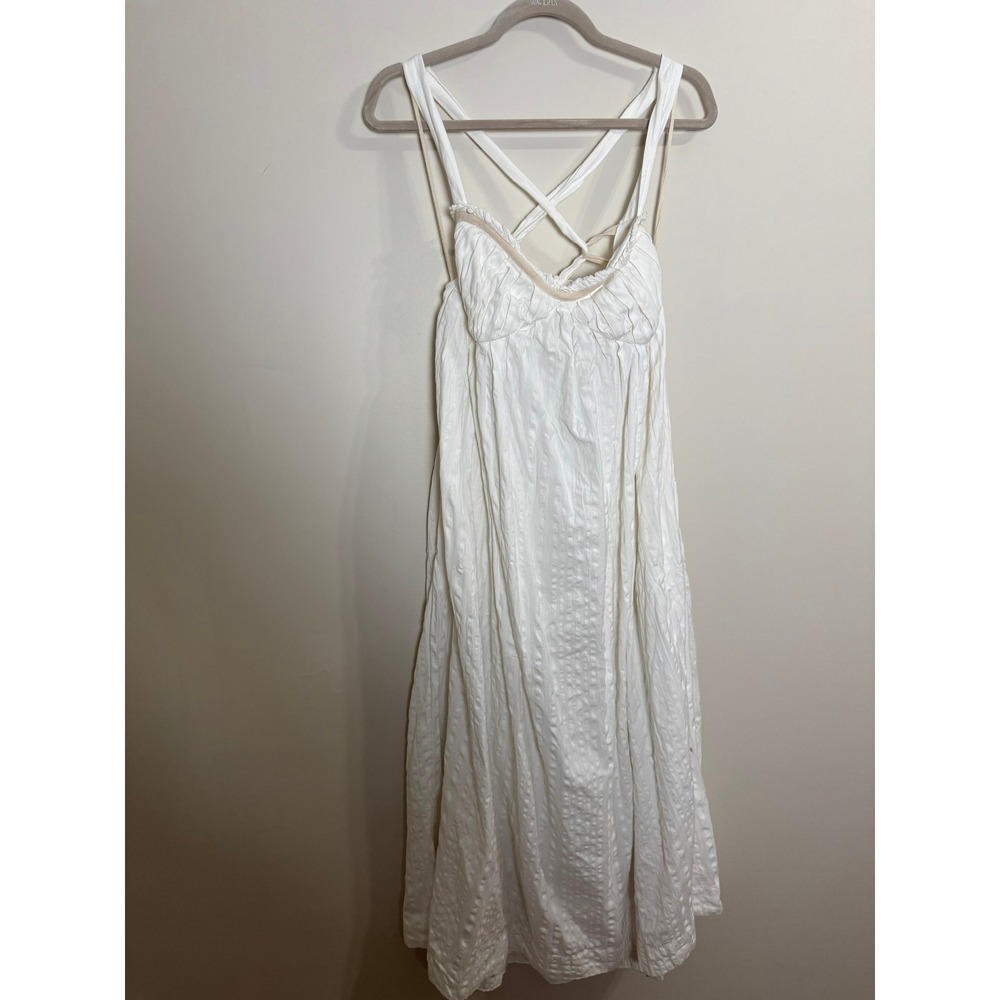 Free People White Textured Midi Dress Bohemian Open Back Tie Straps Womens Large - Picture 5 of 8